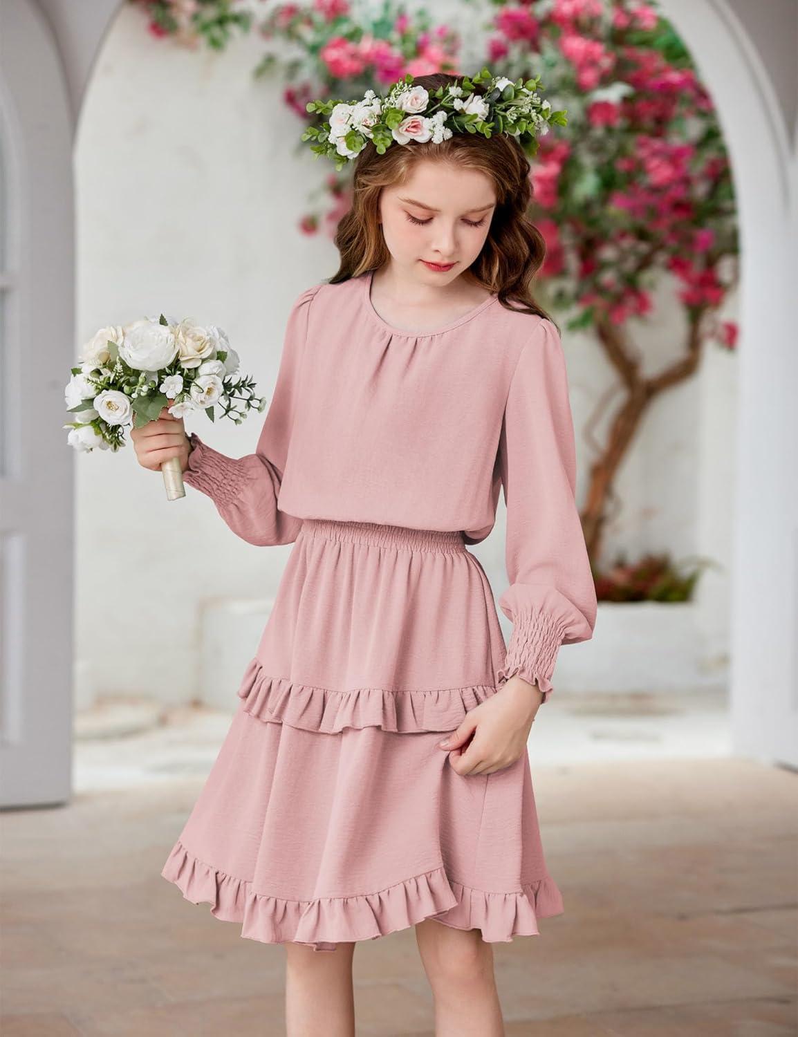 imageArshiner Girls Long Sleeve Dress Boho Tiered Ruffle Hem Elegant Smocked Waist Midi DressPink
