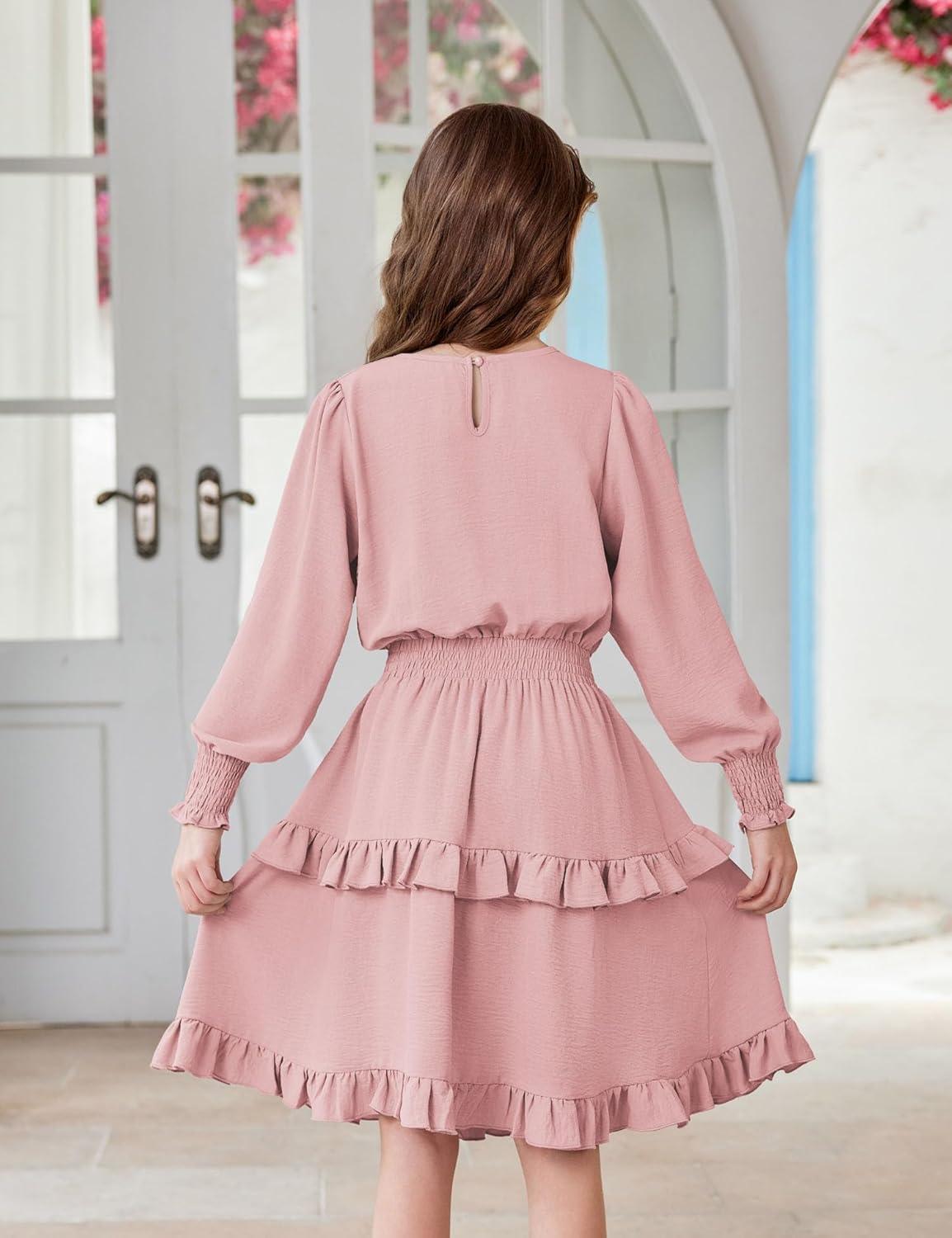 imageArshiner Girls Long Sleeve Dress Boho Tiered Ruffle Hem Elegant Smocked Waist Midi DressPink