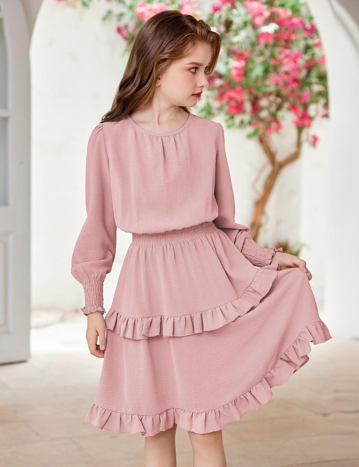 imageArshiner Girls Long Sleeve Dress Boho Tiered Ruffle Hem Elegant Smocked Waist Midi DressPink