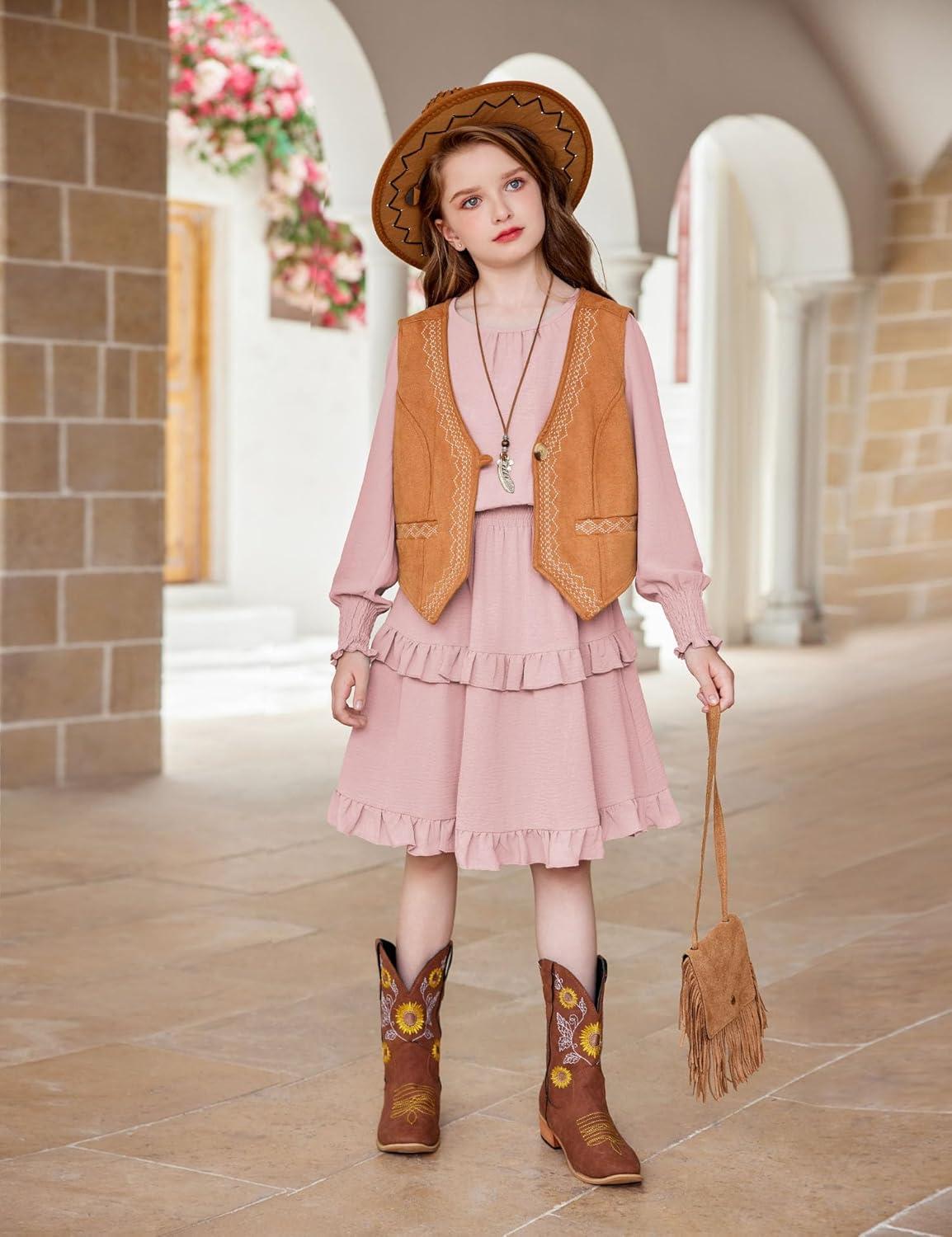 imageArshiner Girls Long Sleeve Dress Boho Tiered Ruffle Hem Elegant Smocked Waist Midi DressPink