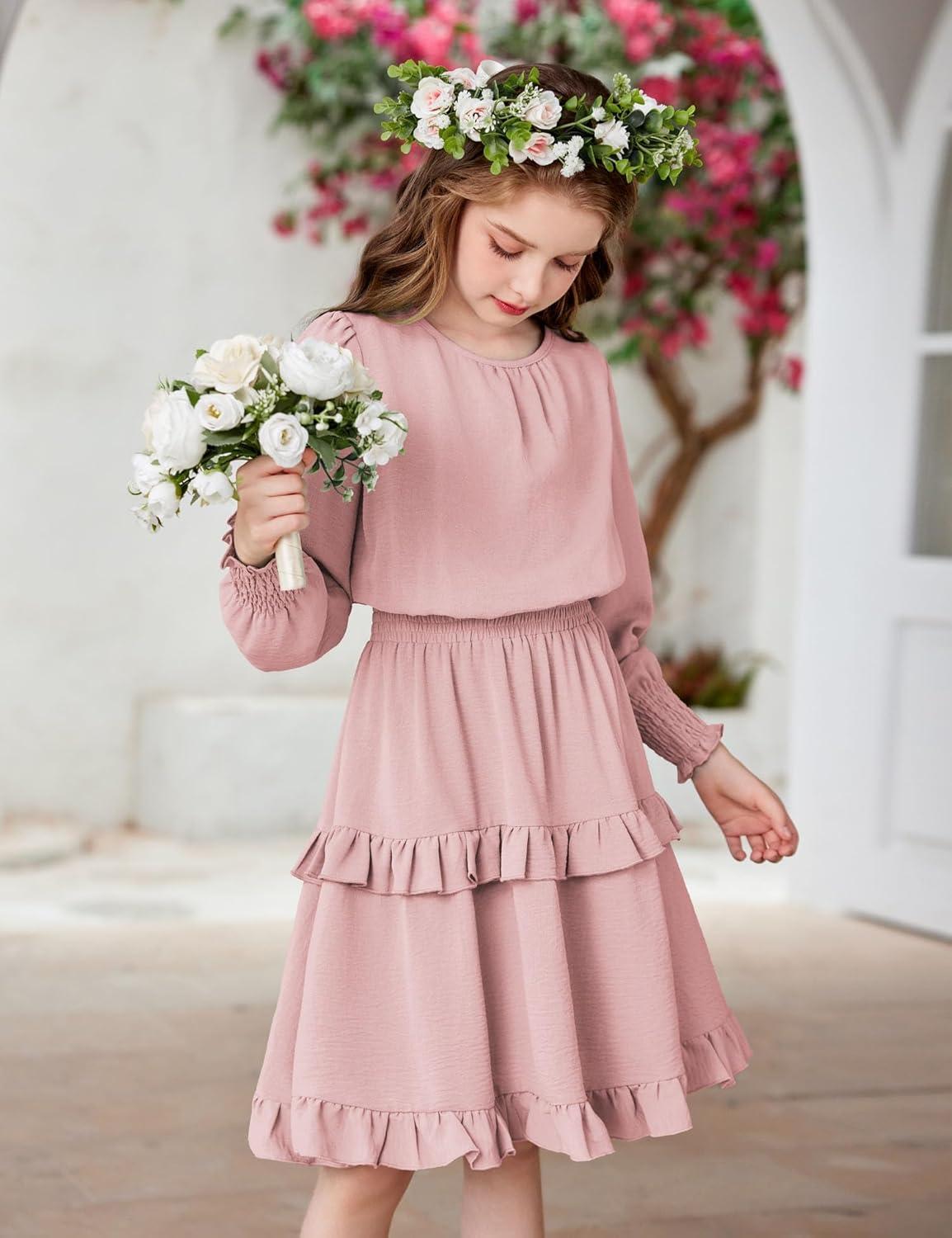 imageArshiner Girls Long Sleeve Dress Boho Tiered Ruffle Hem Elegant Smocked Waist Midi DressPink