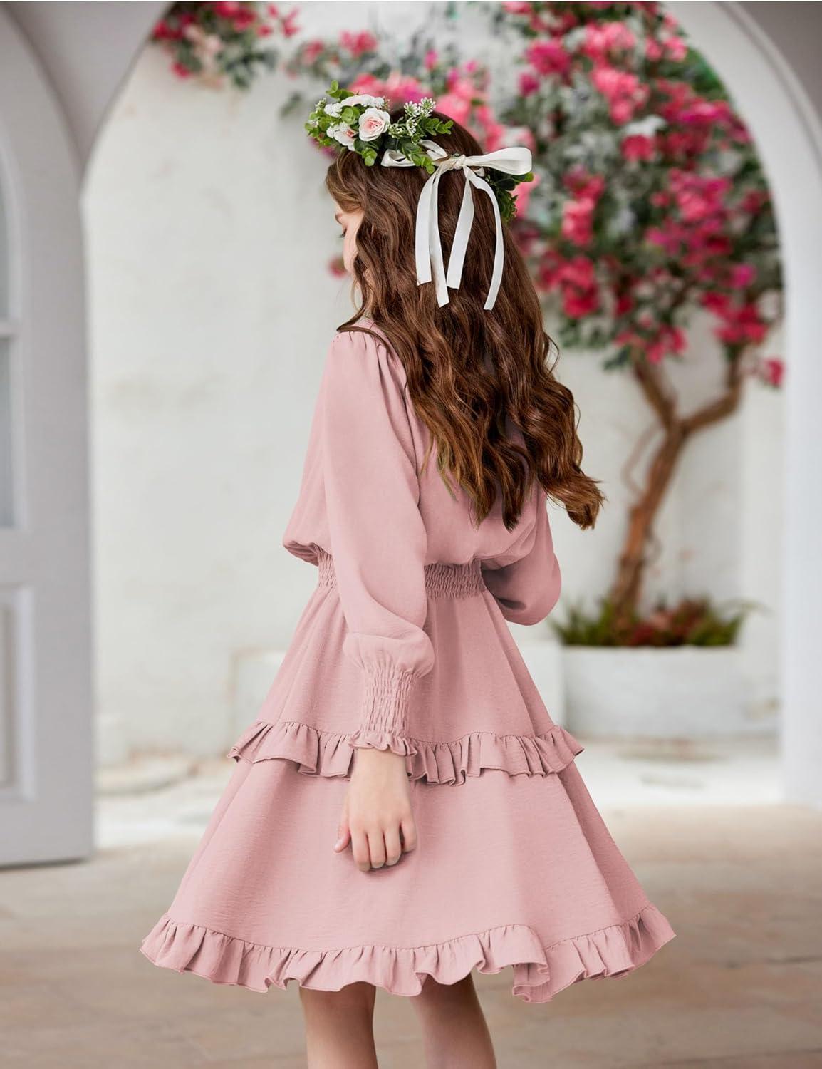 imageArshiner Girls Long Sleeve Dress Boho Tiered Ruffle Hem Elegant Smocked Waist Midi DressPink