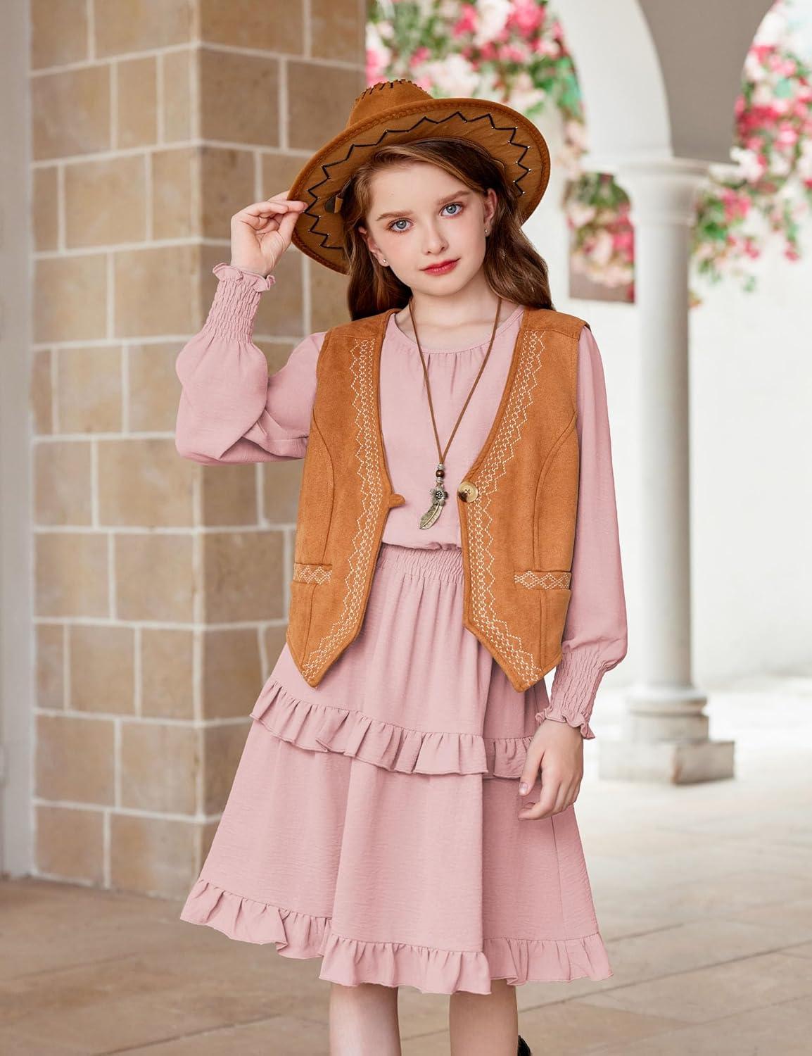 imageArshiner Girls Long Sleeve Dress Boho Tiered Ruffle Hem Elegant Smocked Waist Midi DressPink