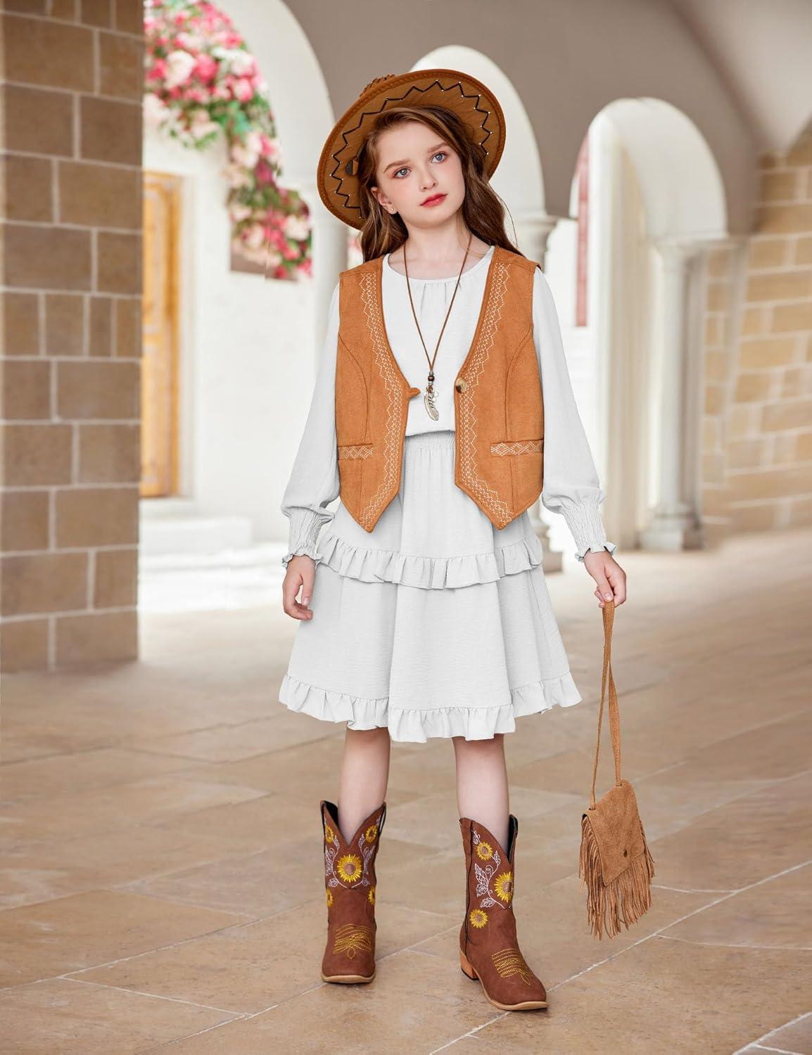 imageArshiner Girls Long Sleeve Dress Boho Tiered Ruffle Hem Elegant Smocked Waist Midi DressWhite