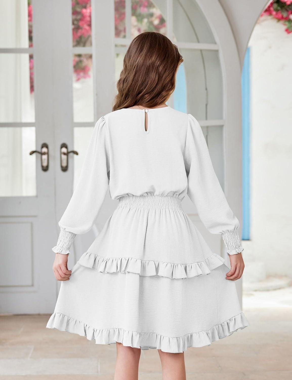 imageArshiner Girls Long Sleeve Dress Boho Tiered Ruffle Hem Elegant Smocked Waist Midi DressWhite