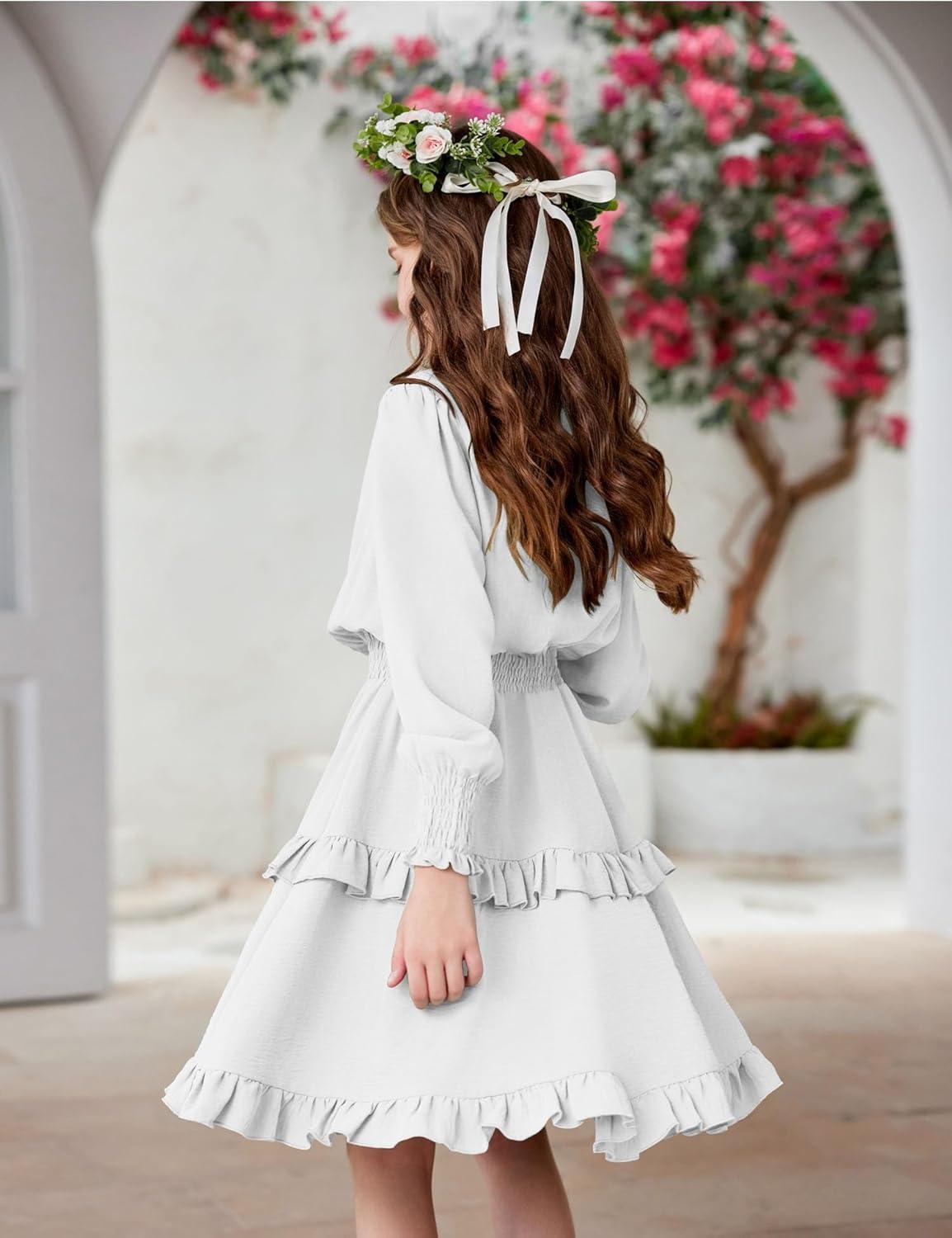 imageArshiner Girls Long Sleeve Dress Boho Tiered Ruffle Hem Elegant Smocked Waist Midi DressWhite