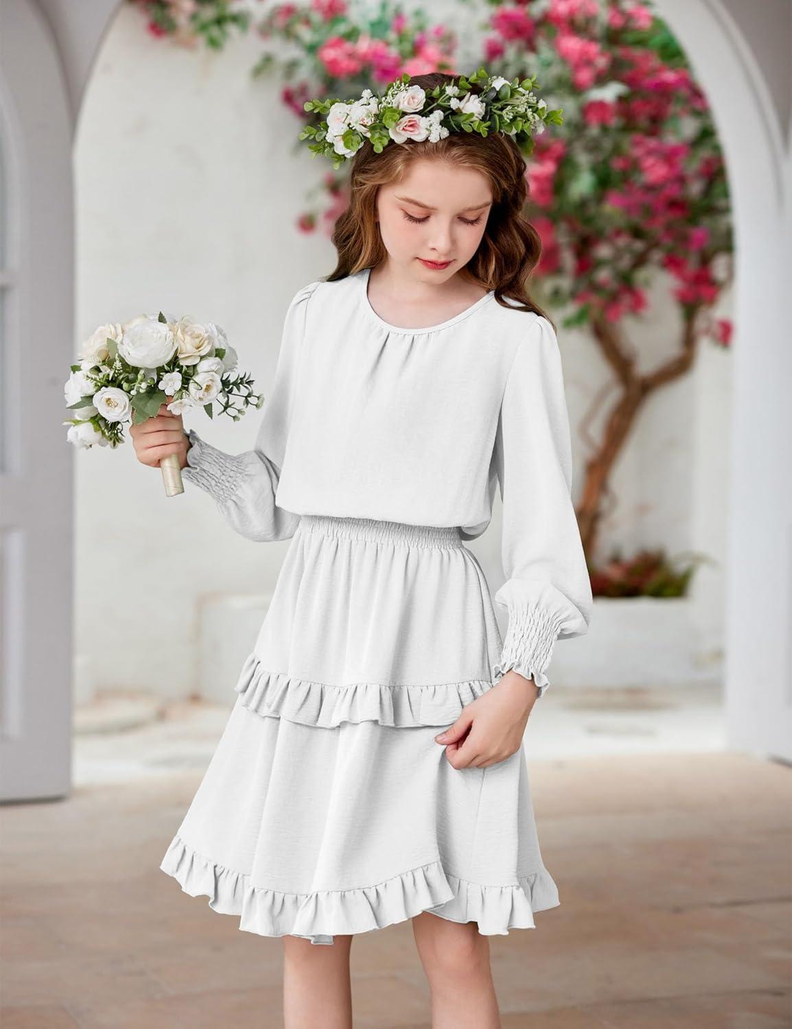 imageArshiner Girls Long Sleeve Dress Boho Tiered Ruffle Hem Elegant Smocked Waist Midi DressWhite