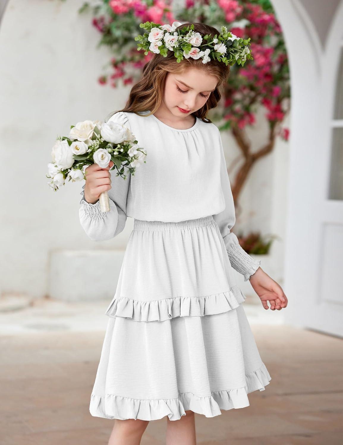 imageArshiner Girls Long Sleeve Dress Boho Tiered Ruffle Hem Elegant Smocked Waist Midi DressWhite