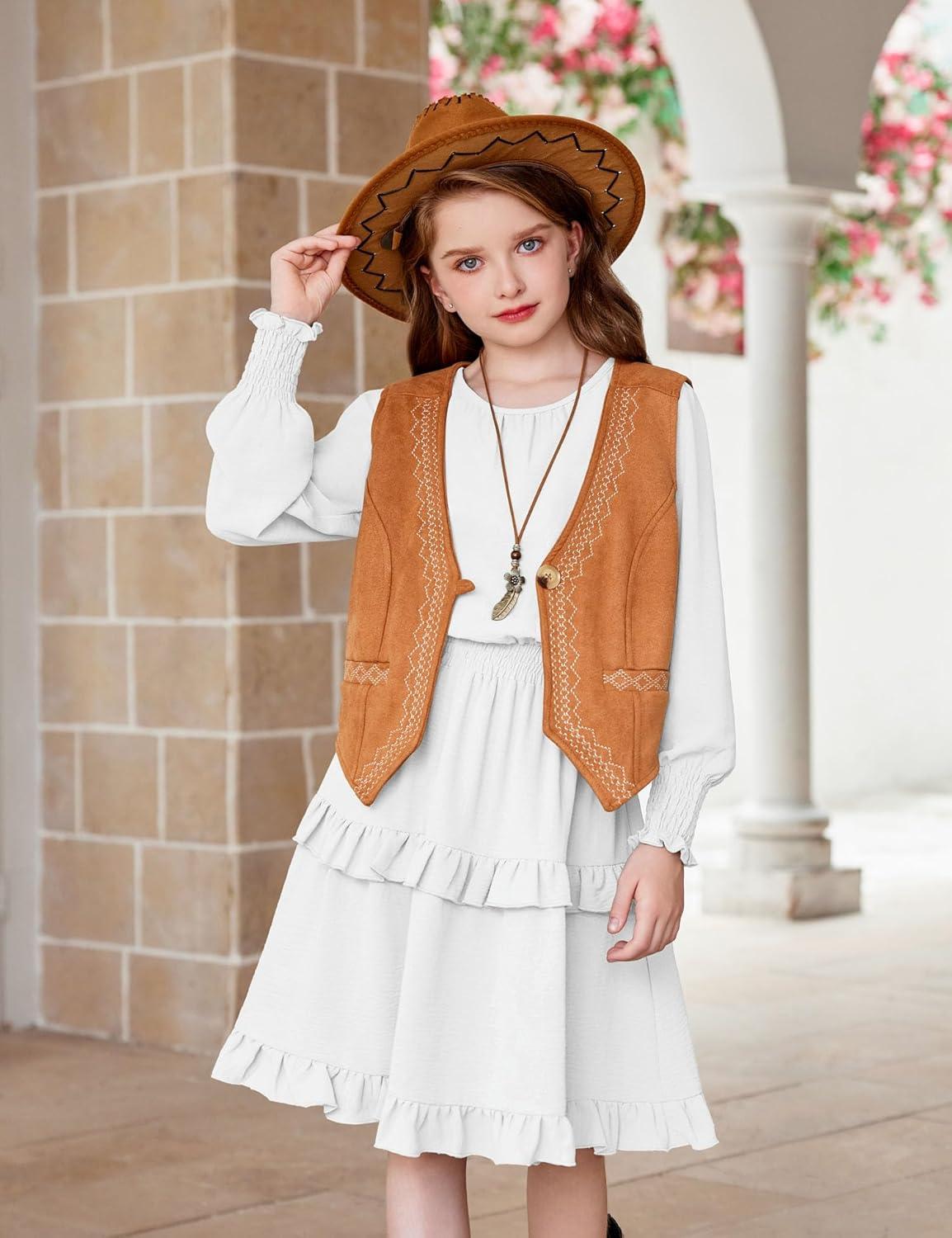 imageArshiner Girls Long Sleeve Dress Boho Tiered Ruffle Hem Elegant Smocked Waist Midi DressWhite