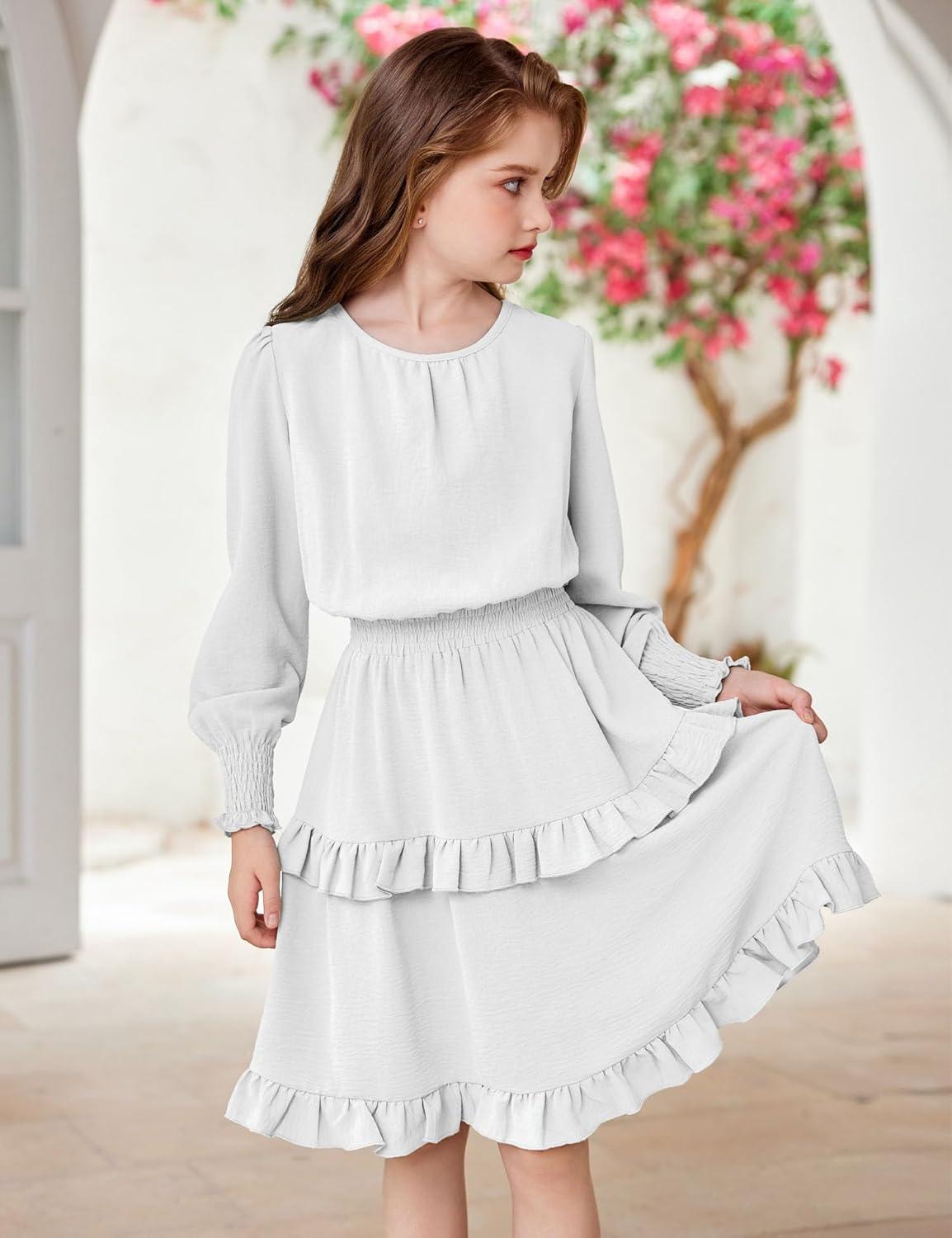 imageArshiner Girls Long Sleeve Dress Boho Tiered Ruffle Hem Elegant Smocked Waist Midi DressWhite
