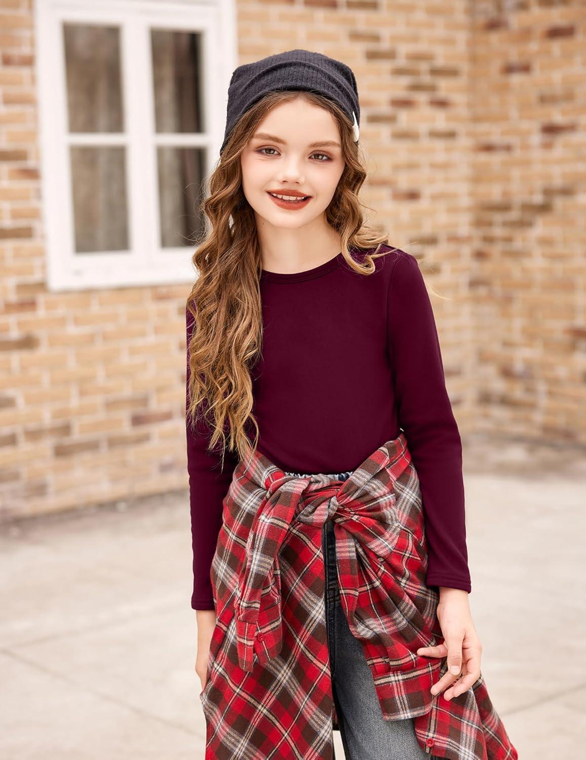 imageArshiner Girls Long Sleeve Shirts Thermal Crew Neck Tunic Basic Tops Blouse Tee 312 YearsDark Red