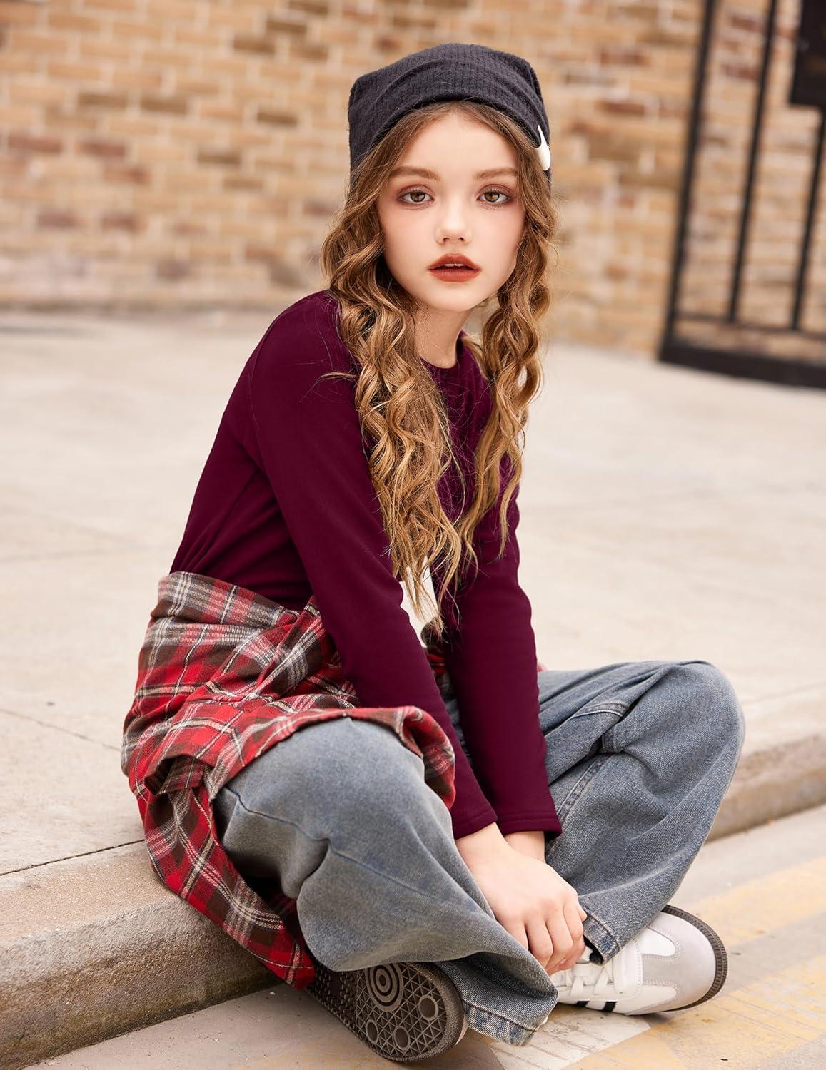 imageArshiner Girls Long Sleeve Shirts Thermal Crew Neck Tunic Basic Tops Blouse Tee 312 YearsDark Red