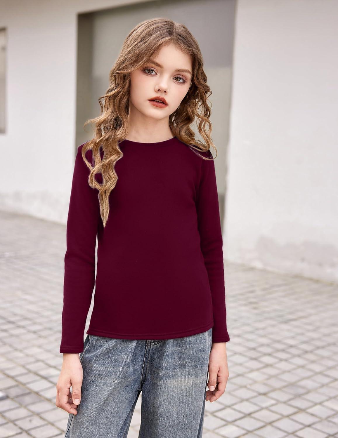 imageArshiner Girls Long Sleeve Shirts Thermal Crew Neck Tunic Basic Tops Blouse Tee 312 YearsDark Red