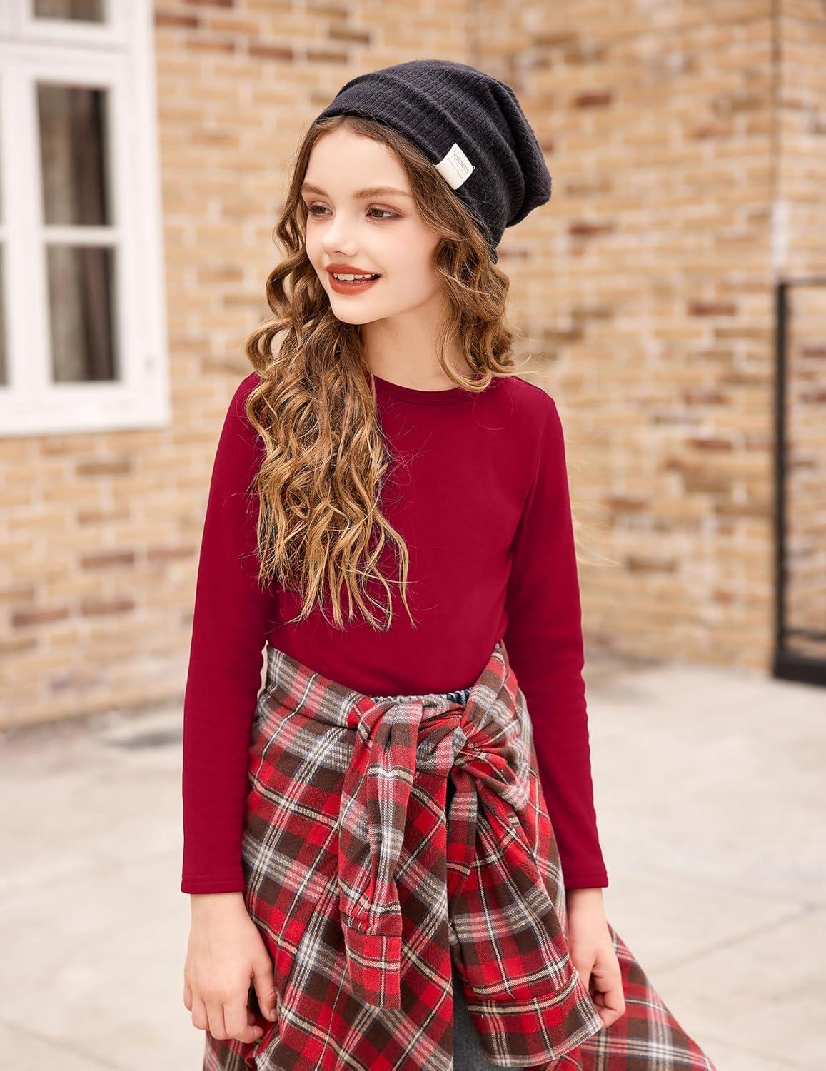 imageArshiner Girls Long Sleeve Shirts Thermal Crew Neck Tunic Basic Tops Blouse Tee 312 YearsRed