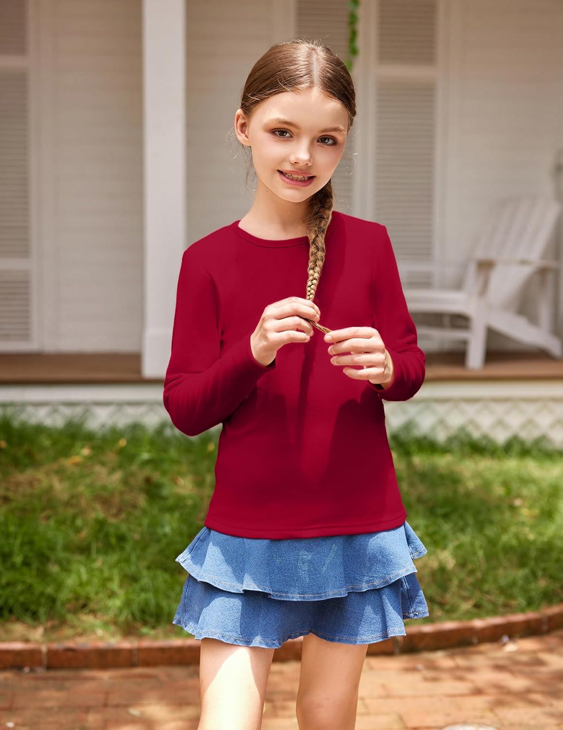 imageArshiner Girls Long Sleeve Shirts Thermal Crew Neck Tunic Basic Tops Blouse Tee 312 YearsRed