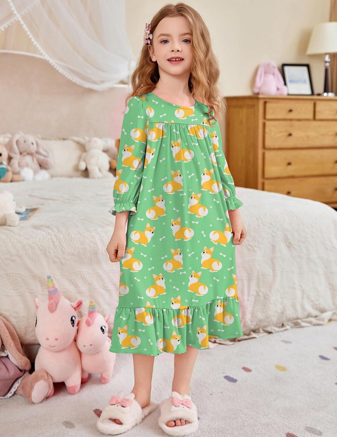imageArshiner Girls Nightgowns Long Sleeve Pajama Dress Cute Ruffle Sleepwear Soft Night GownsGreen Dogs