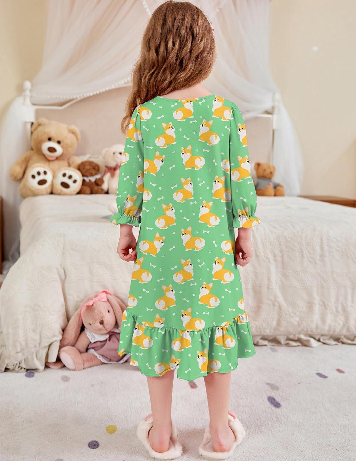 imageArshiner Girls Nightgowns Long Sleeve Pajama Dress Cute Ruffle Sleepwear Soft Night GownsGreen Dogs