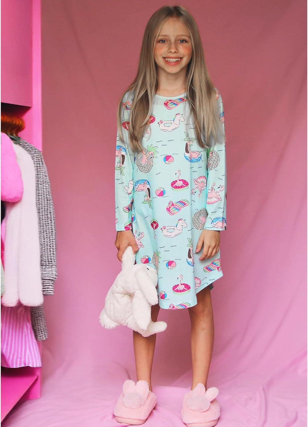 imageArshiner Girls Nightgowns Long Sleeve Print Pajamas Nightdress for Kids Soft Sleep Wear NightiesBlue Green Cartoon