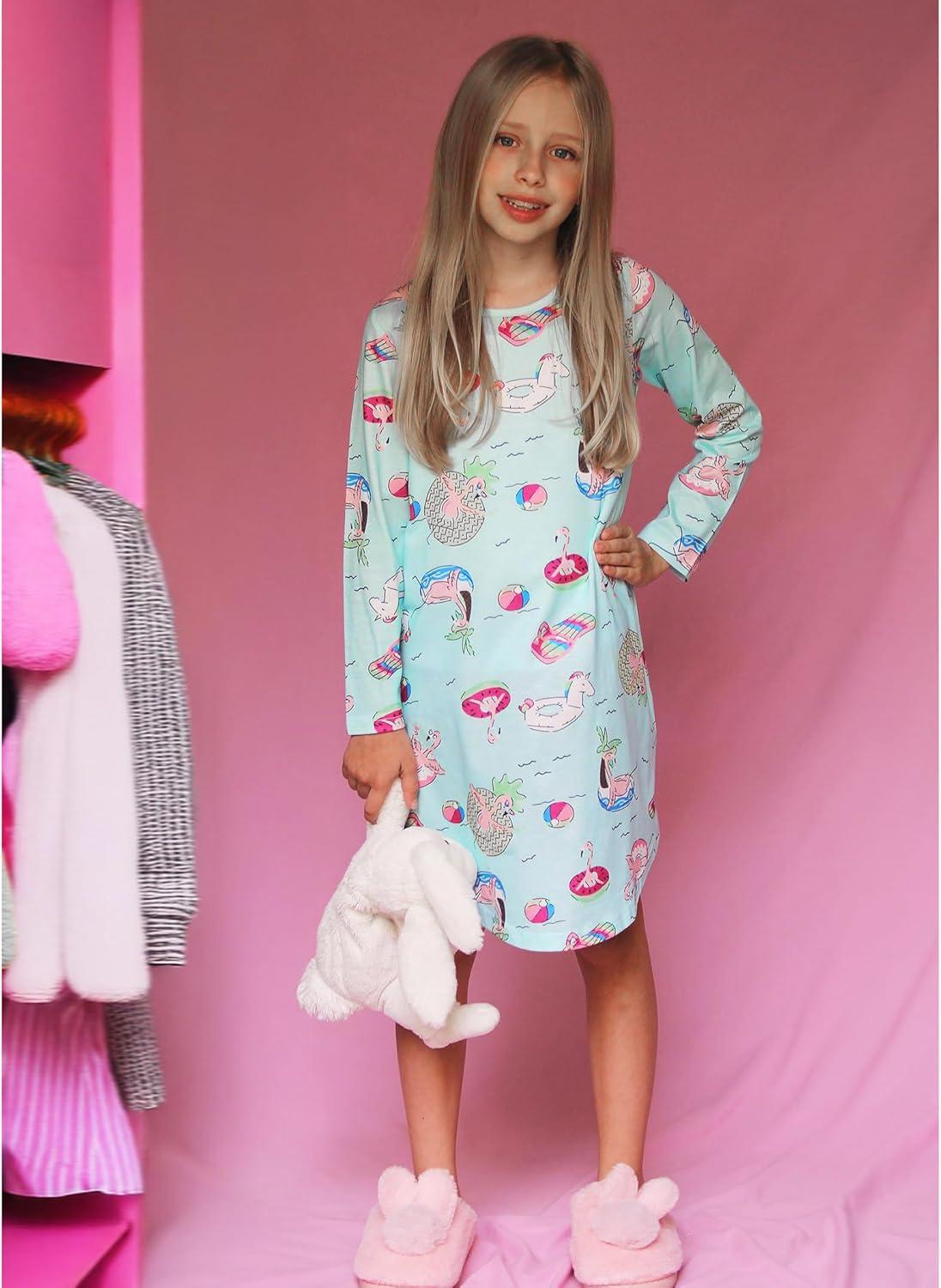 imageArshiner Girls Nightgowns Long Sleeve Print Pajamas Nightdress for Kids Soft Sleep Wear NightiesBlue Green Cartoon