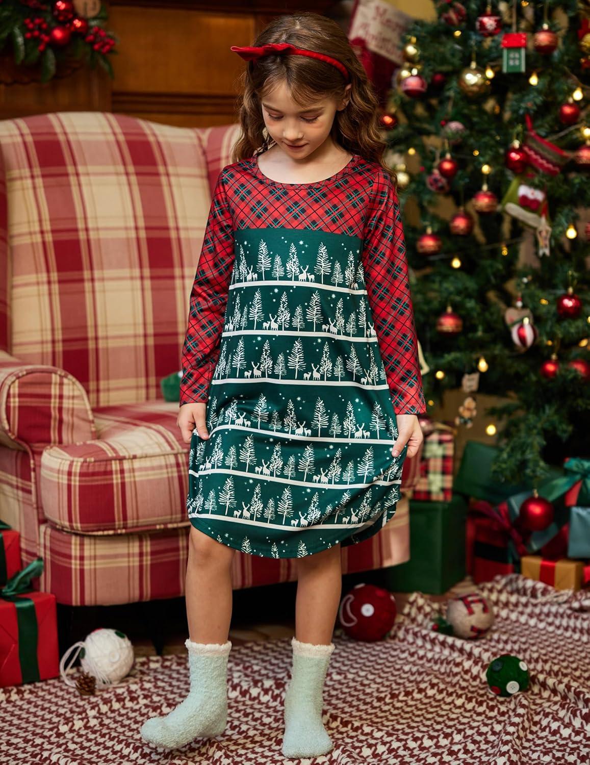 imageArshiner Girls Nightgowns Long Sleeve Print Pajamas Nightdress for Kids Soft Sleep Wear NightiesChristmas