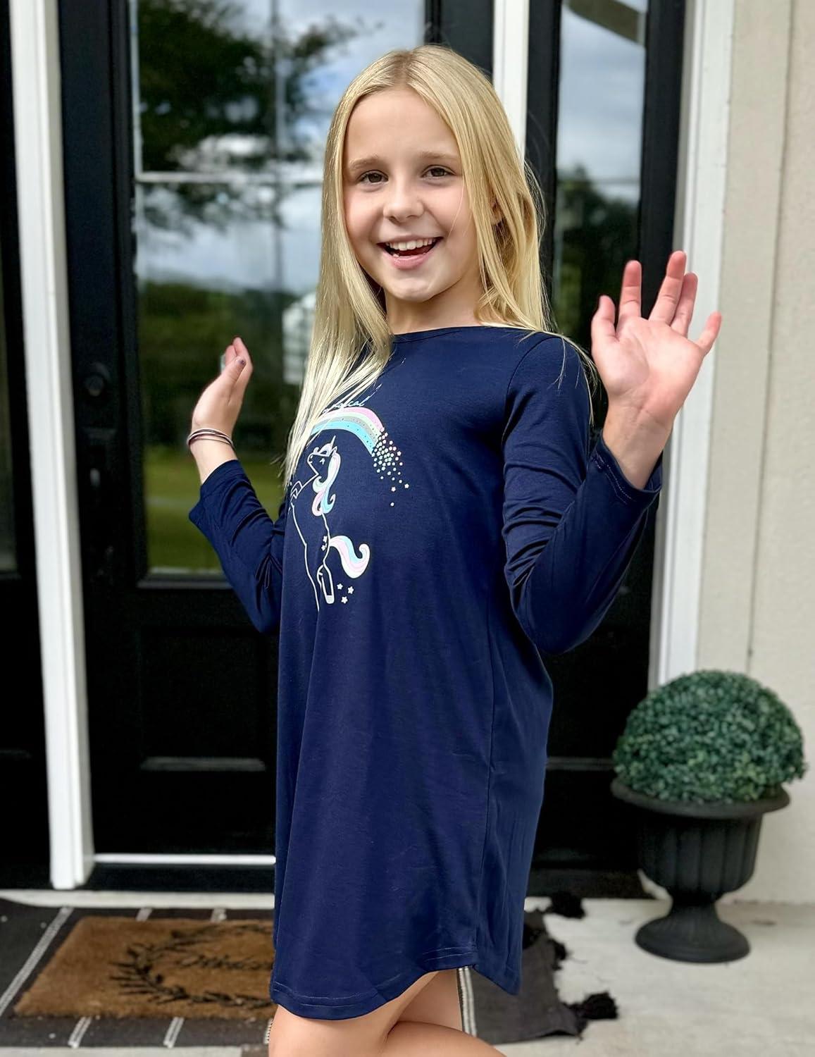 imageArshiner Girls Nightgowns Long Sleeve Print Pajamas Nightdress for Kids Soft Sleep Wear NightiesNavy BlueUnicorn