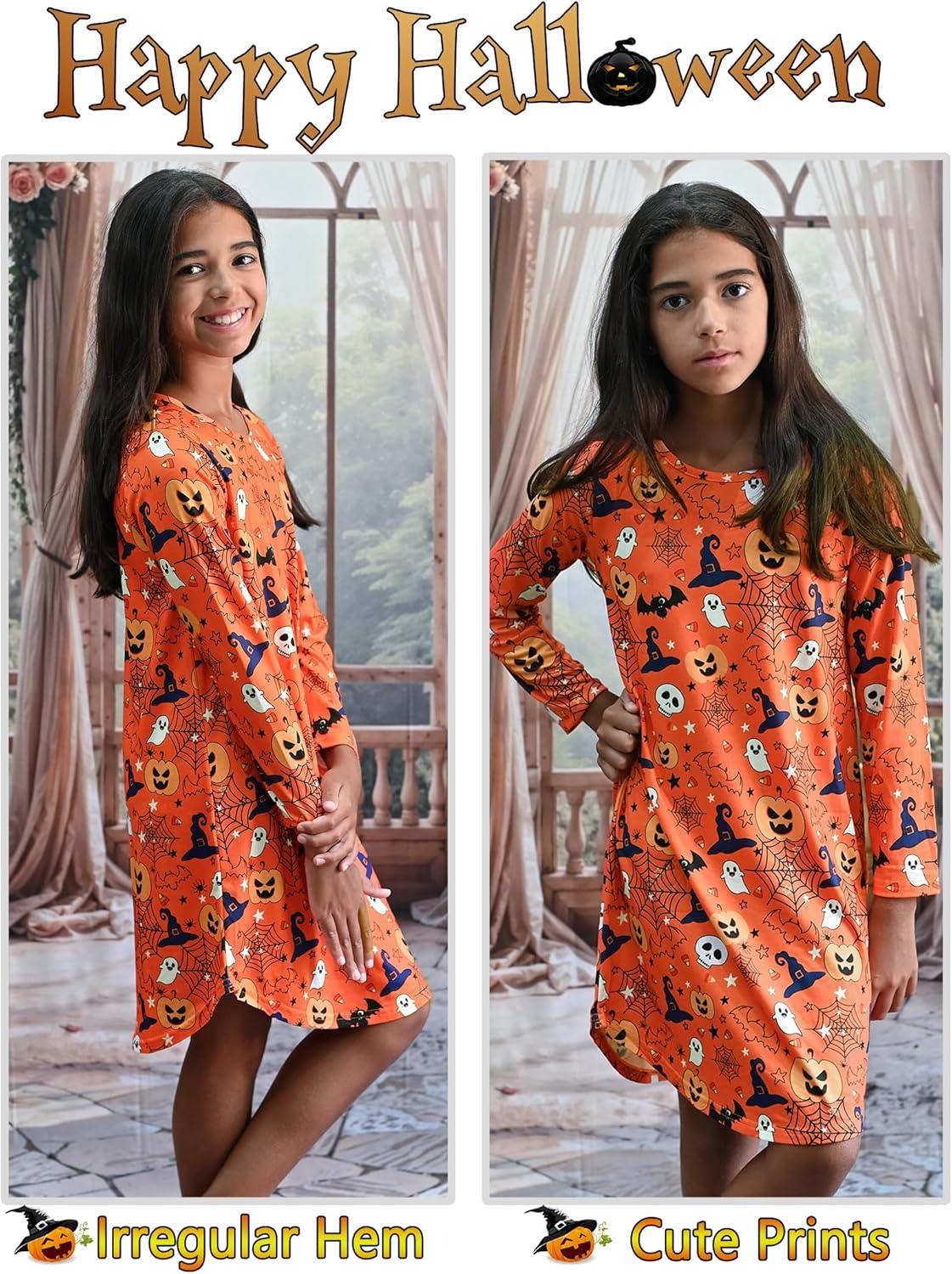 imageArshiner Girls Nightgowns Long Sleeve Print Pajamas Nightdress for Kids Soft Sleep Wear NightiesOrange Halloween