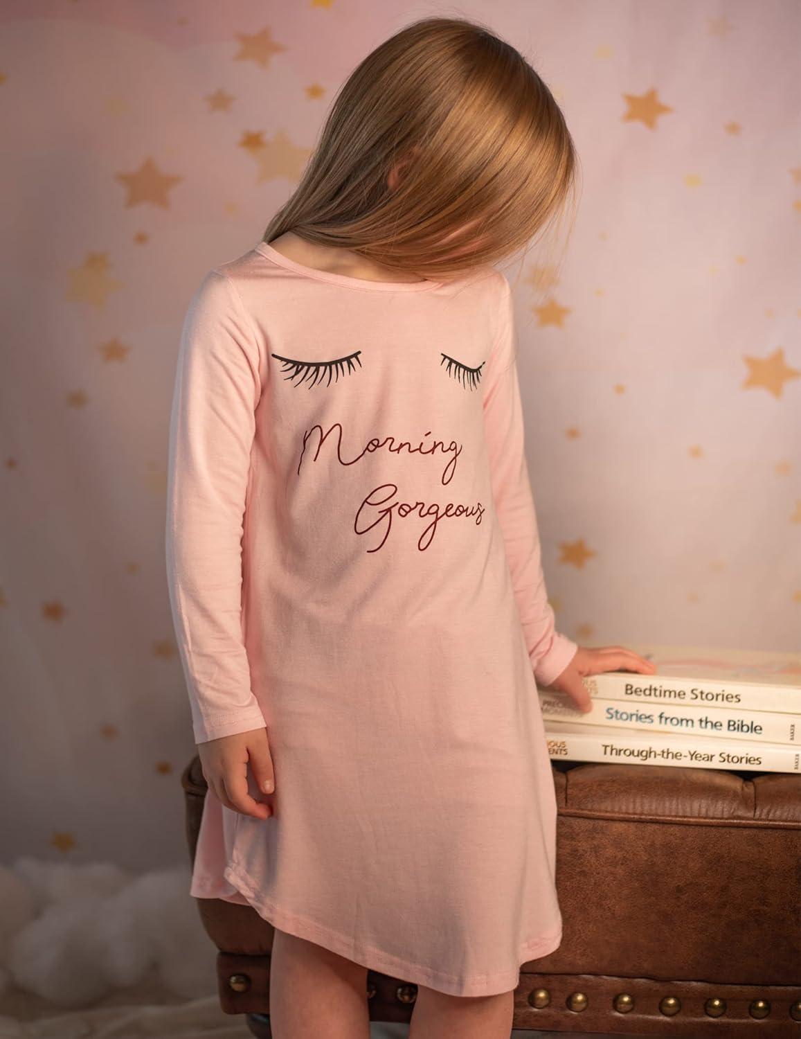 imageArshiner Girls Nightgowns Long Sleeve Print Pajamas Nightdress for Kids Soft Sleep Wear NightiesPink Eyelash