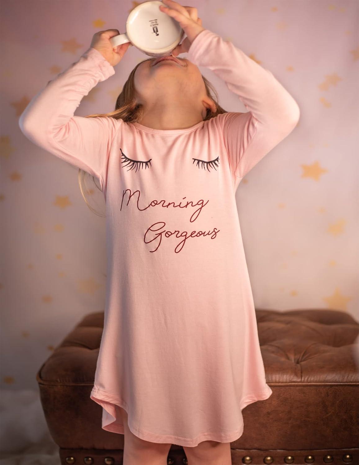 imageArshiner Girls Nightgowns Long Sleeve Print Pajamas Nightdress for Kids Soft Sleep Wear NightiesPink Eyelash