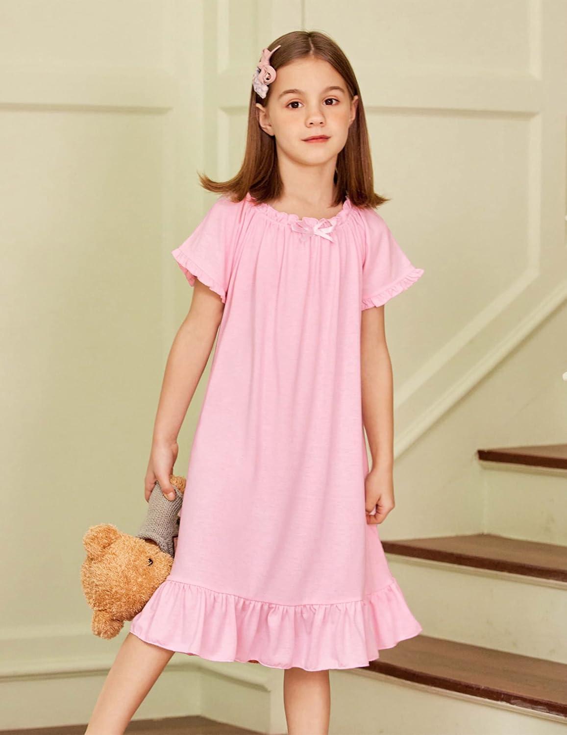imageArshiner Girls Nightgowns Sleepwear Short Sleeve Victorian Pajama Dress Soft Princess Sleepshirt for 312 Years Kids0pink
