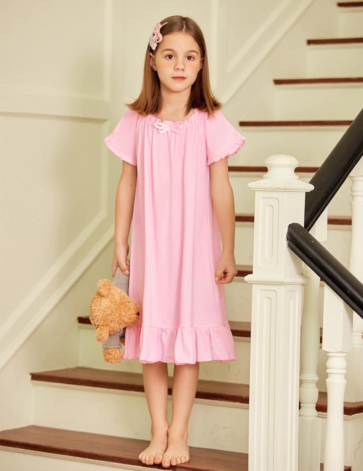 imageArshiner Girls Nightgowns Sleepwear Short Sleeve Victorian Pajama Dress Soft Princess Sleepshirt for 312 Years Kids0pink