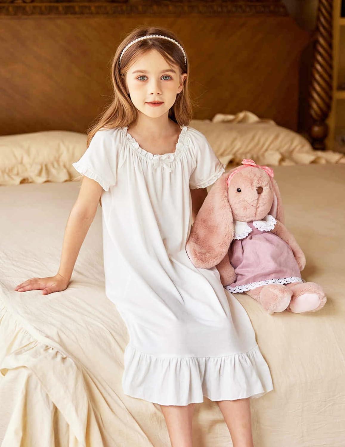imageArshiner Girls Nightgowns Sleepwear Short Sleeve Victorian Pajama Dress Soft Princess Sleepshirt for 312 Years Kids0white