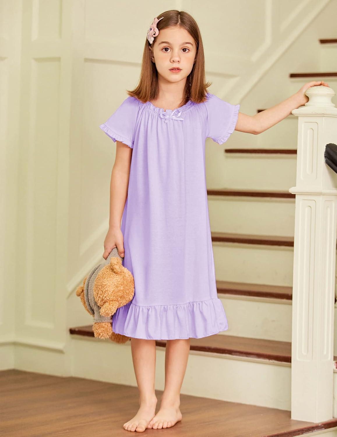 imageArshiner Girls Nightgowns Sleepwear Short Sleeve Victorian Pajama Dress Soft Princess Sleepshirt for 312 Years KidsLight Purple