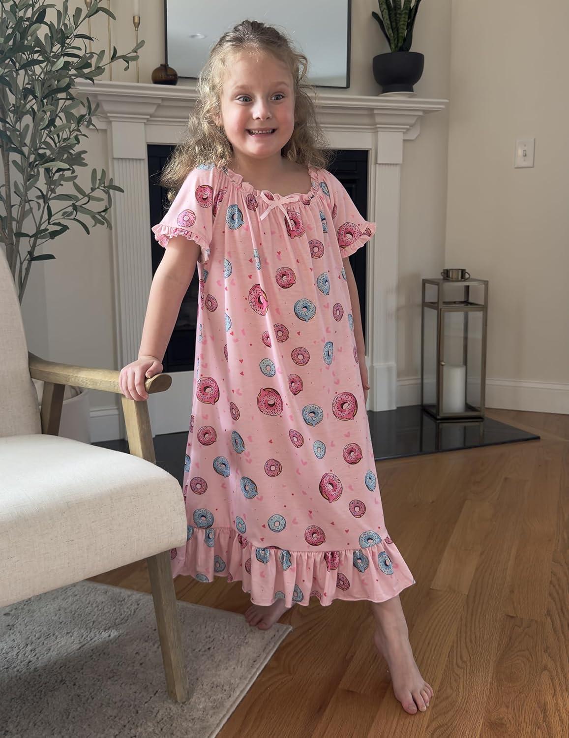 imageArshiner Girls Nightgowns Sleepwear Short Sleeve Victorian Pajama Dress Soft Princess Sleepshirt for 312 Years KidsPink Donut