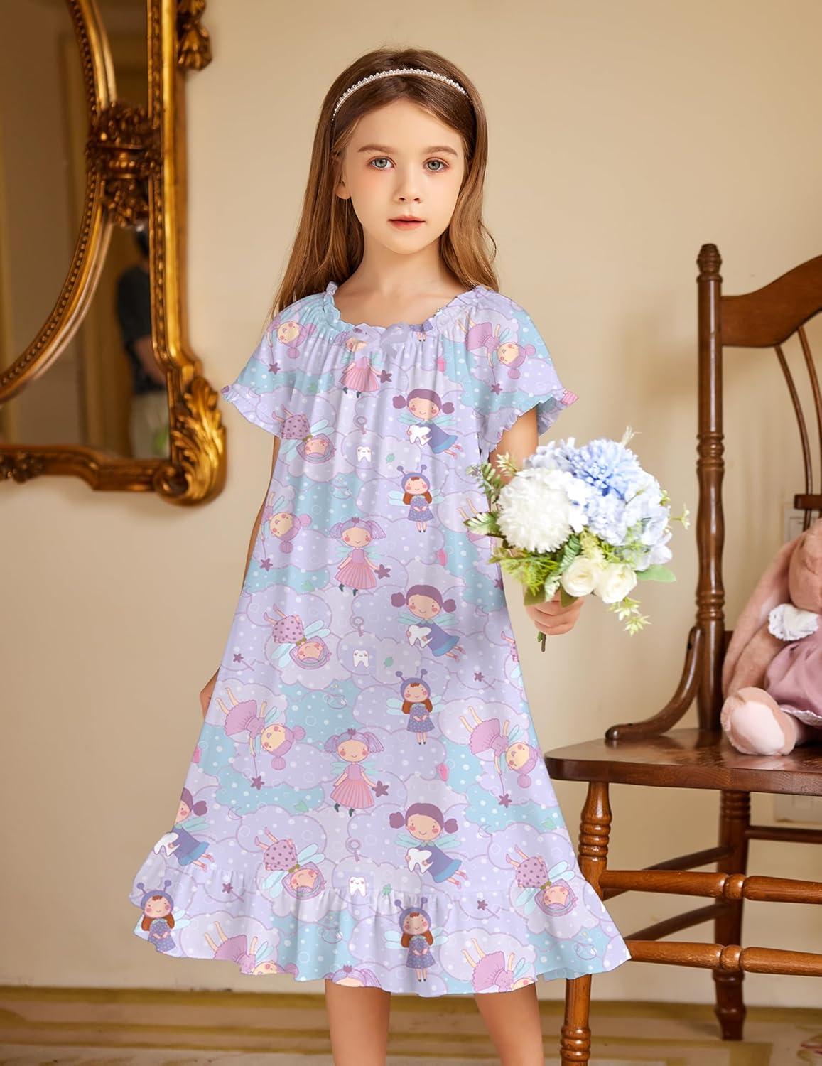 imageArshiner Girls Nightgowns Sleepwear Short Sleeve Victorian Pajama Dress Soft Princess Sleepshirt for 312 Years KidsPurple Cloud Elf
