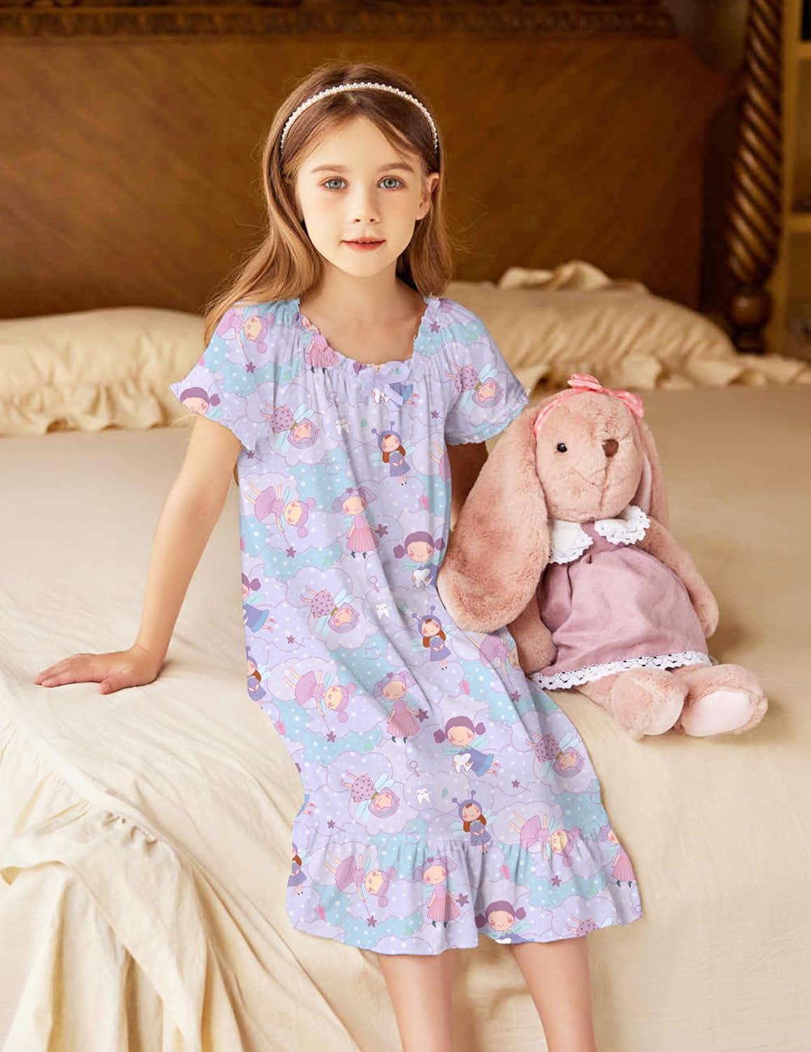 imageArshiner Girls Nightgowns Sleepwear Short Sleeve Victorian Pajama Dress Soft Princess Sleepshirt for 312 Years KidsPurple Cloud Elf