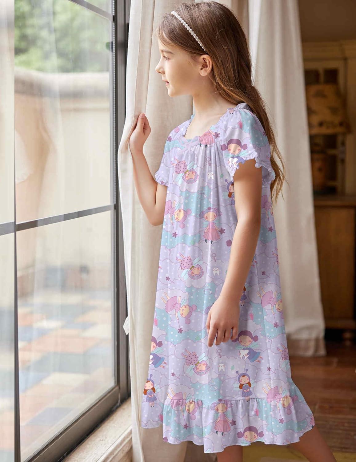 imageArshiner Girls Nightgowns Sleepwear Short Sleeve Victorian Pajama Dress Soft Princess Sleepshirt for 312 Years KidsPurple Cloud Elf