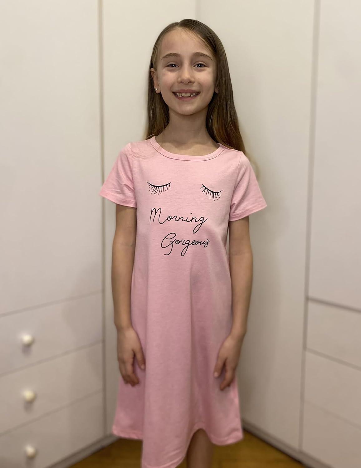 imageArshiner Girls Nightgowns Summer Soft Cute Cartoon Print Pajama Sleep Dress for Kids 412 YearsA Pastel Pink Eyelash