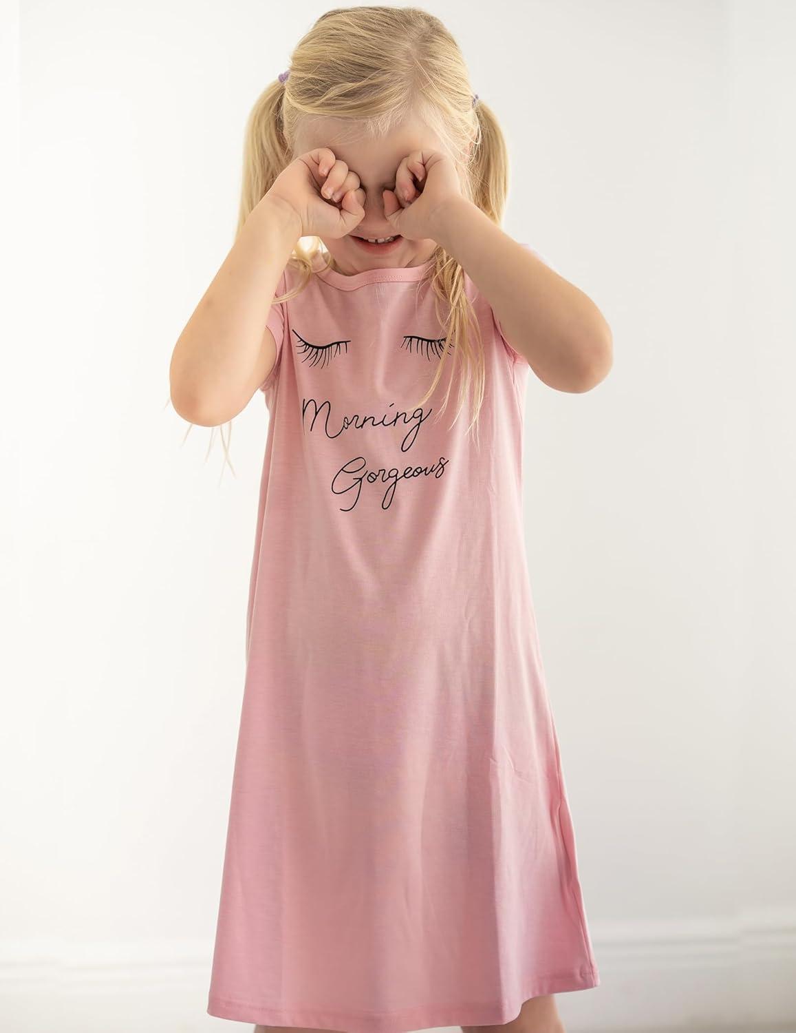imageArshiner Girls Nightgowns Summer Soft Cute Cartoon Print Pajama Sleep Dress for Kids 412 YearsA Pastel Pink Eyelash