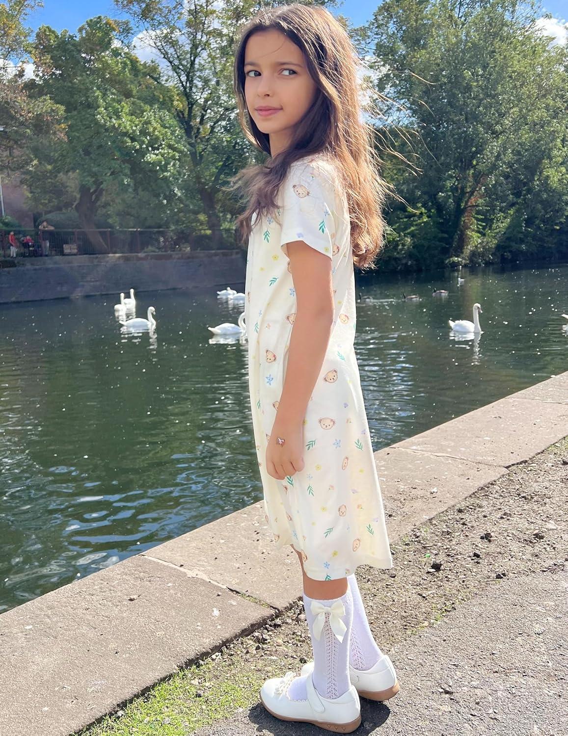 imageArshiner Girls Nightgowns Summer Soft Cute Cartoon Print Pajama Sleep Dress for Kids 412 YearsApricot Teddy
