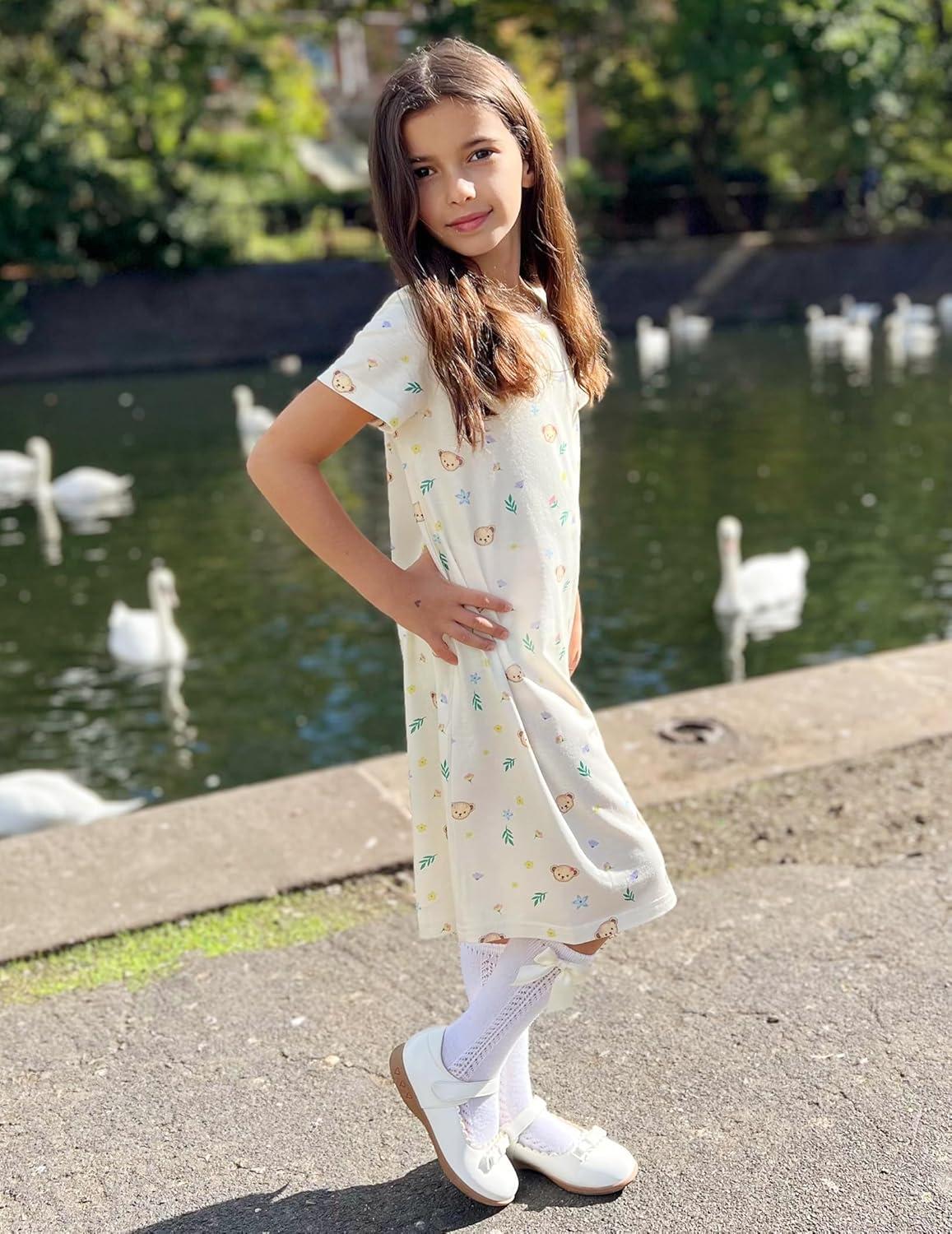 imageArshiner Girls Nightgowns Summer Soft Cute Cartoon Print Pajama Sleep Dress for Kids 412 YearsApricot Teddy