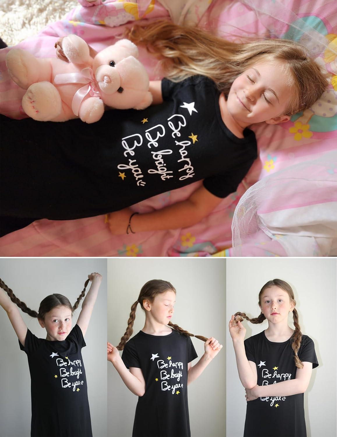imageArshiner Girls Nightgowns Summer Soft Cute Cartoon Print Pajama Sleep Dress for Kids 412 YearsBlackLetter Graphic
