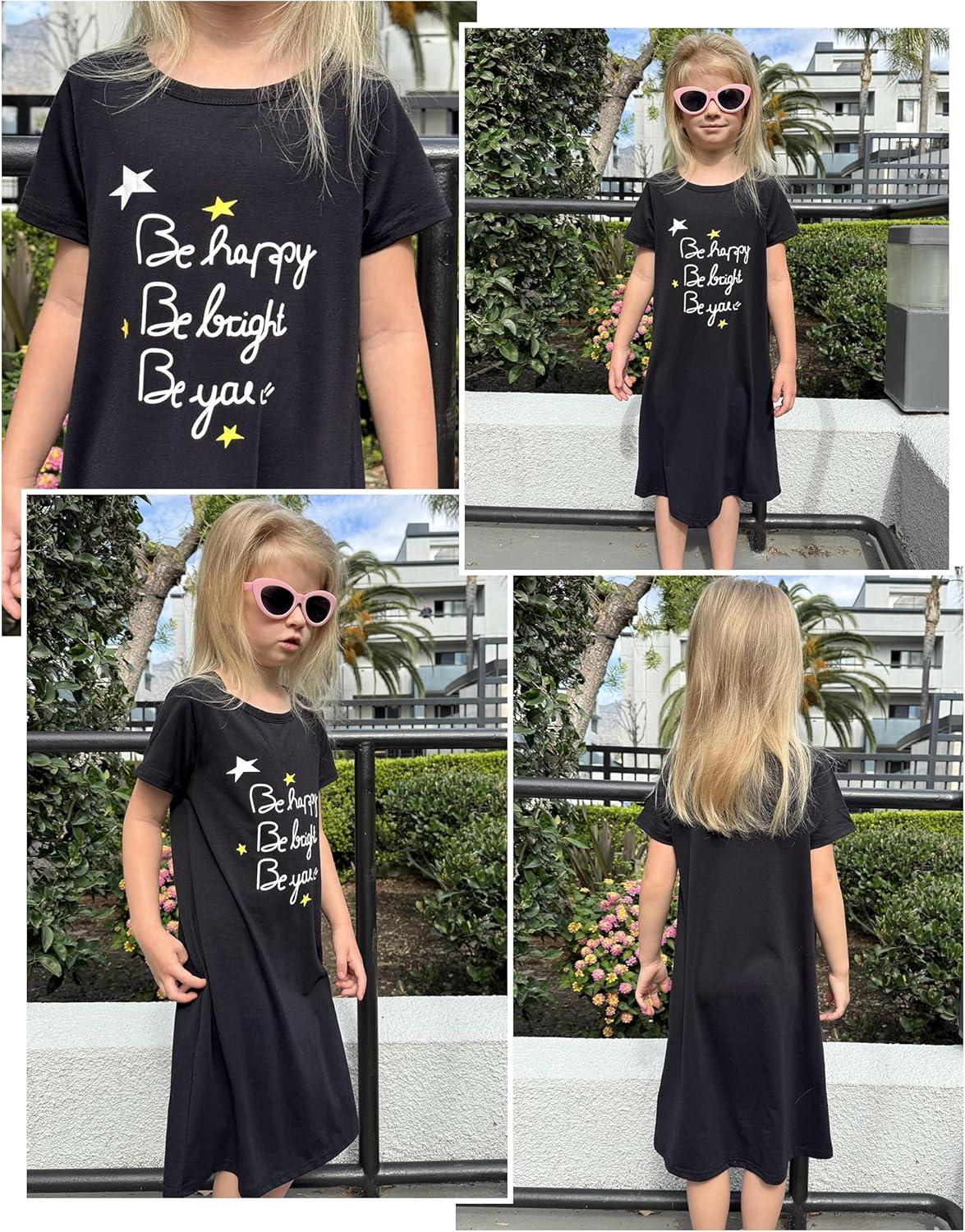 imageArshiner Girls Nightgowns Summer Soft Cute Cartoon Print Pajama Sleep Dress for Kids 412 YearsBlackLetter Graphic