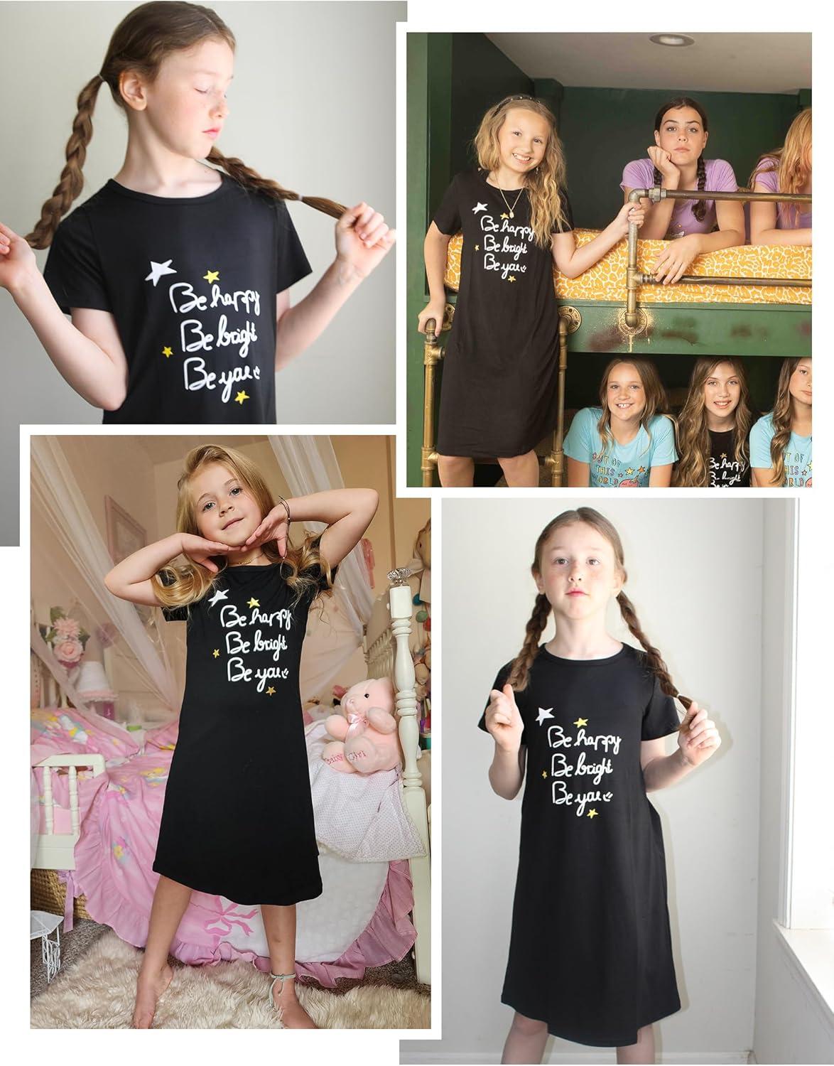 imageArshiner Girls Nightgowns Summer Soft Cute Cartoon Print Pajama Sleep Dress for Kids 412 YearsBlackLetter Graphic