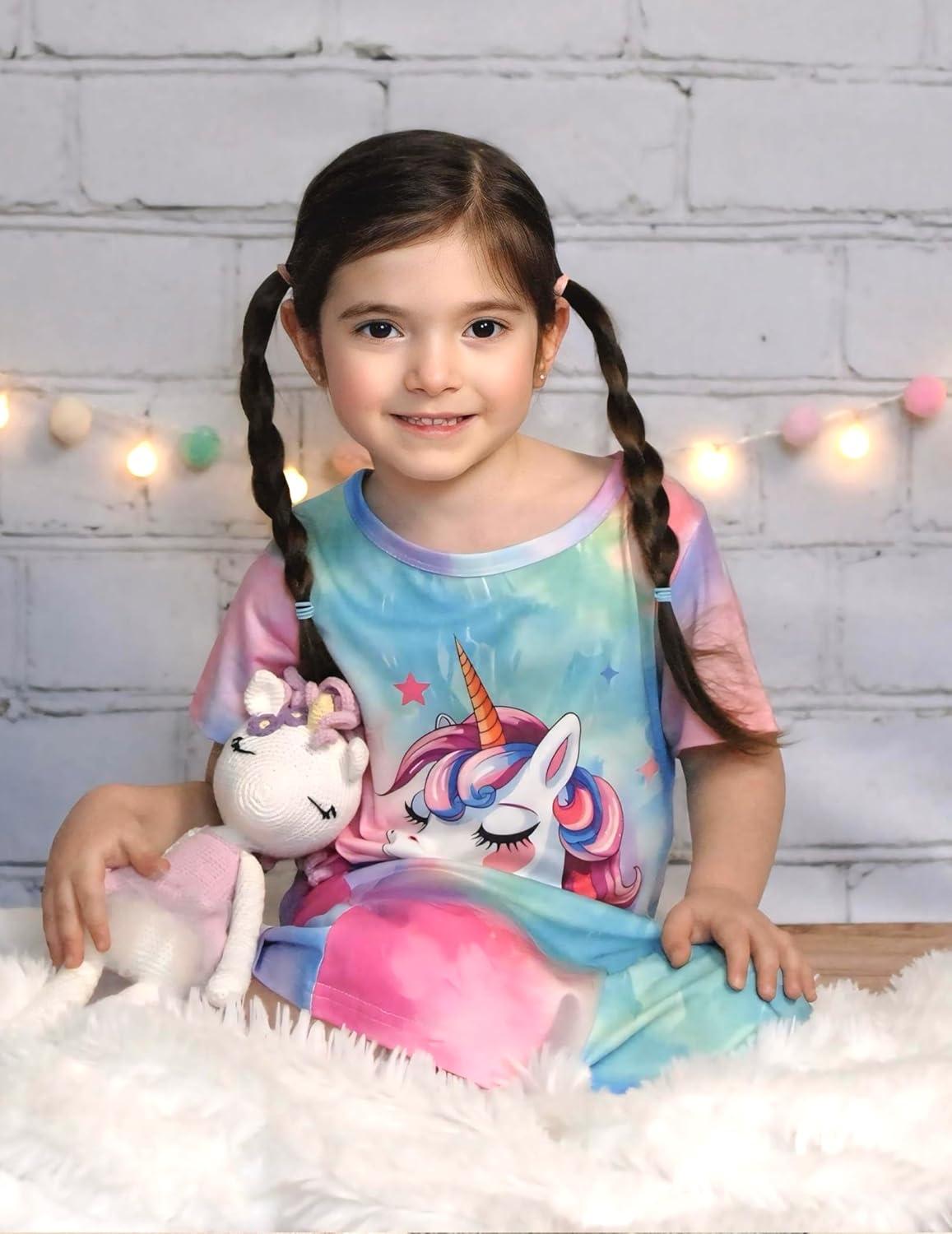 imageArshiner Girls Nightgowns Summer Soft Cute Cartoon Print Pajama Sleep Dress for Kids 412 YearsColorful Tiedye