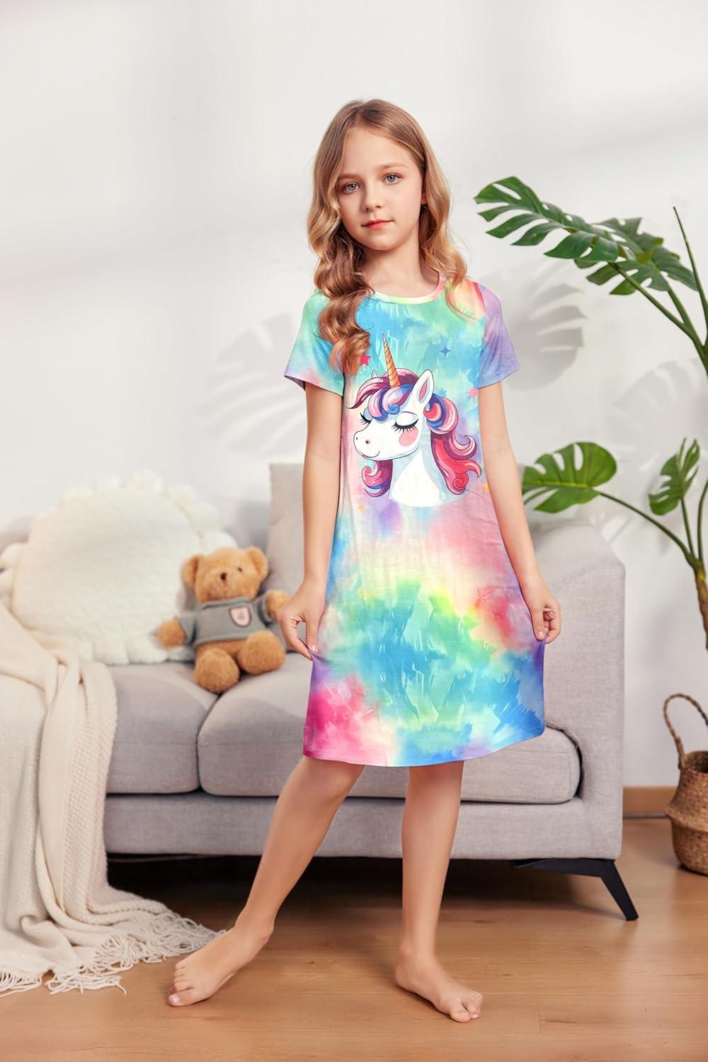 imageArshiner Girls Nightgowns Summer Soft Cute Cartoon Print Pajama Sleep Dress for Kids 412 YearsColorful Tiedye