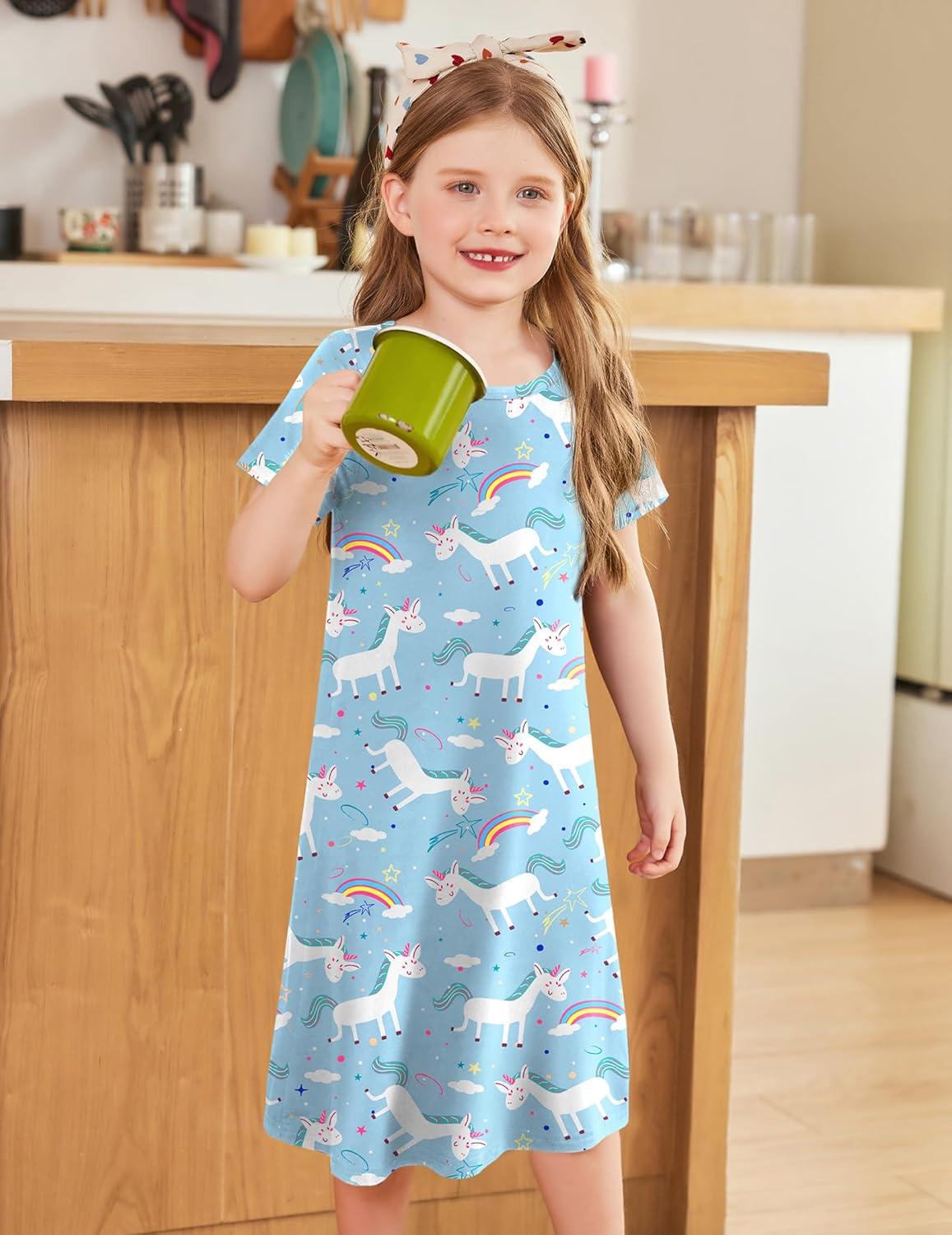 imageArshiner Girls Nightgowns Summer Soft Cute Cartoon Print Pajama Sleep Dress for Kids 412 YearsLight Blue Animal Print