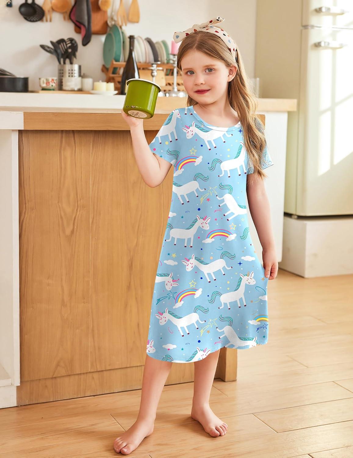 imageArshiner Girls Nightgowns Summer Soft Cute Cartoon Print Pajama Sleep Dress for Kids 412 YearsLight Blue Animal Print