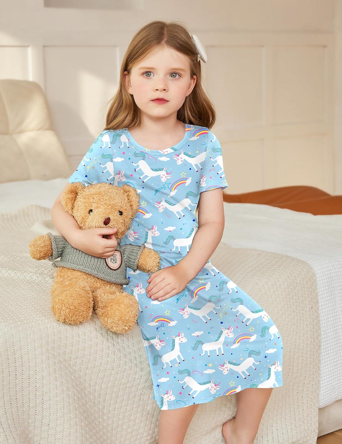 imageArshiner Girls Nightgowns Summer Soft Cute Cartoon Print Pajama Sleep Dress for Kids 412 YearsLight Blue Animal Print