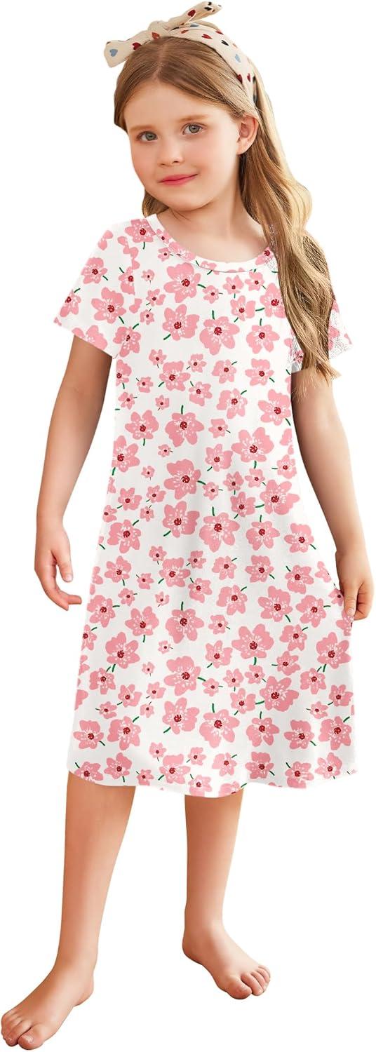 imageArshiner Girls Nightgowns Summer Soft Cute Cartoon Print Pajama Sleep Dress for Kids 412 YearsPeach Flower