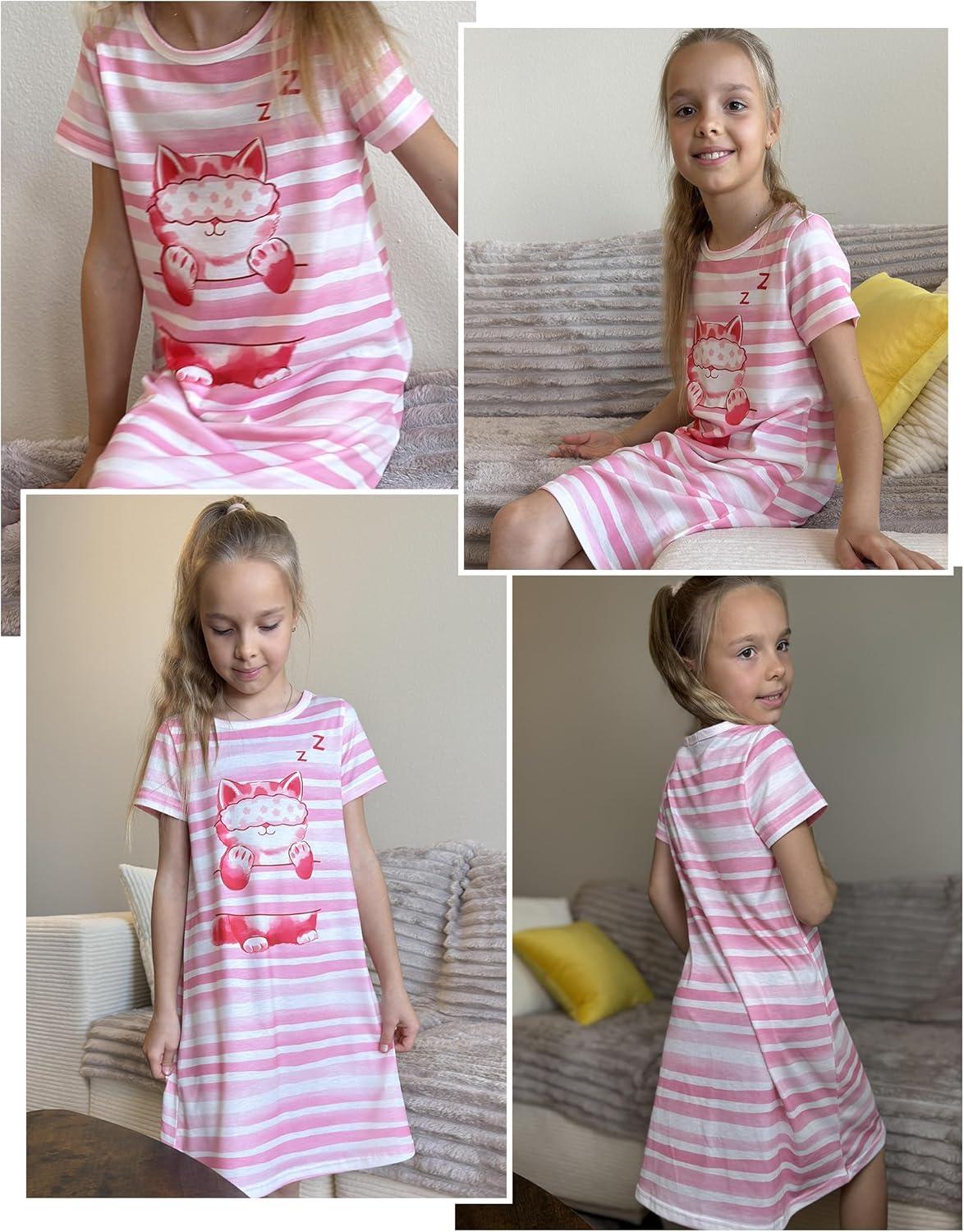 imageArshiner Girls Nightgowns Summer Soft Cute Cartoon Print Pajama Sleep Dress for Kids 412 YearsPink Cat